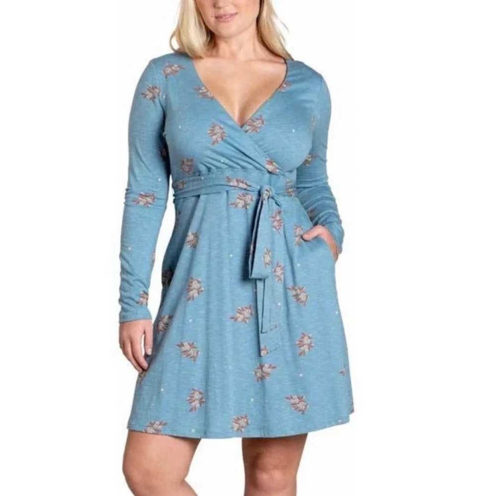 Toad&Co Cue Faux Wrap Dress Women's L Blue Floral Long Sleeve Pockets‎ Fall 22